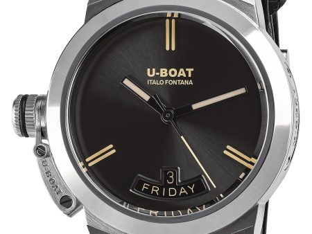 U-Boat Classico Vintage Automatic Stainless Steel Gray Dial Black Leather Strap Day Date Mens Watch 8891 Cheap