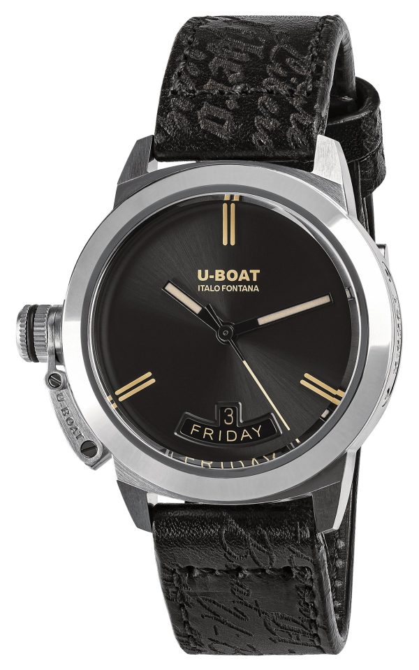 U-Boat Classico Vintage Automatic Stainless Steel Gray Dial Black Leather Strap Day Date Mens Watch 8891 Cheap