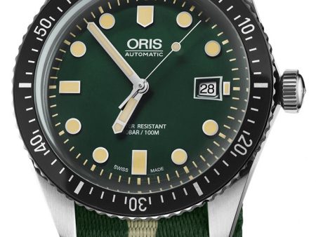 Oris Divers Sixty-Five Automatic Stainless Steel Green Dial Green Beige Textile Strap Date Mens Watch 733 7720 4057-07 5 21 24FC Hot on Sale