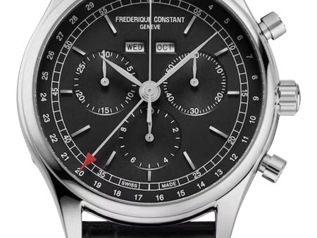 Frederique Constant Classics Chronograph Stainless Steel Gray Dial Black Leather Strap Day Date Month Quartz Mens Watch FC-296DG5B6 Hot on Sale