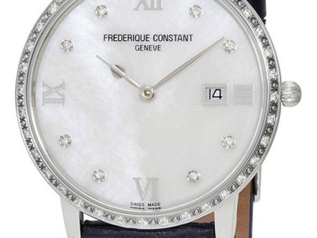 Frederique Constant Slimline Stainless Steel Mother-of-Pearl Dial Blue Leather Strap Diamonds Date Quartz Womens Watch FC-220MPWD3SD6 Hot on Sale