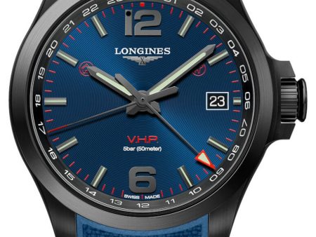 Longines Conquest V.H.P. GMT Black PVD Blue Rubber Strap Blue Dial Perpetual Calendar Date Quartz Mens Watch L3.718.2.96.9 Cheap