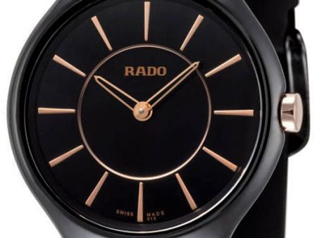 Rado Womens True Thinline R27742159 Analog Black Ceramic Case Rose Gold Hands Rubber Strap Swiss Quartz Watch on Sale