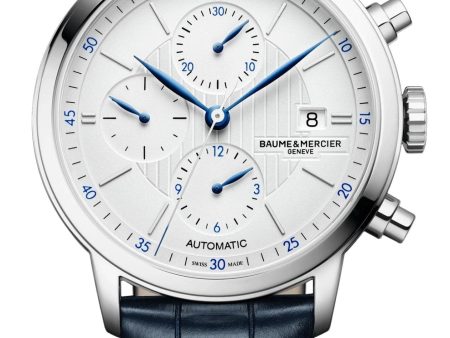 Baume & Mercier Classima Automatic Chronograph Stainless Steel Blue Leather Strap Silver Dial Date Mens Watch M0A10330 Supply