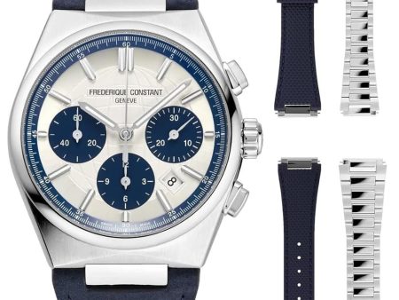 Limited Edition Frederique Constant Highlife Automatic Chronograph Silver Dial Blue Leather Strap Interchangeable Blue Rubber Steel Bracelet Date Mens Watch FC-391WN4NH6 For Cheap