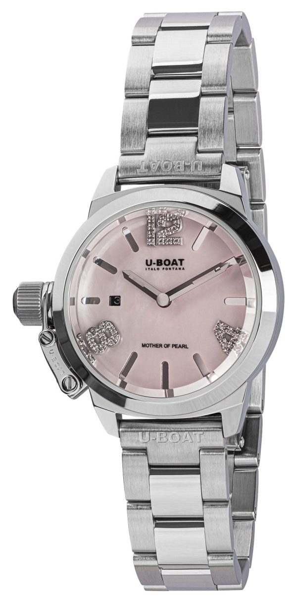 U-Boat Classico Stainless Steel Pink Mother-Of-Pearl Dial Diamonds Date Quartz Womens Watch 8898 For Sale