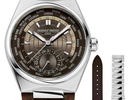 Frederique Constant Highlife Worldtimer Manufacture Automatic GMT Brown Dial Brown Leather Strap Interchangeable Brown Rubber Steel Bracelet Date Mens Watch FC-718C4NH6 Discount