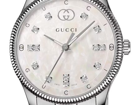 Gucci G-Timeless Stainless Steel Mother-of-Pearl Dial Diamonds Quartz Womens Watch YA1265064 For Cheap