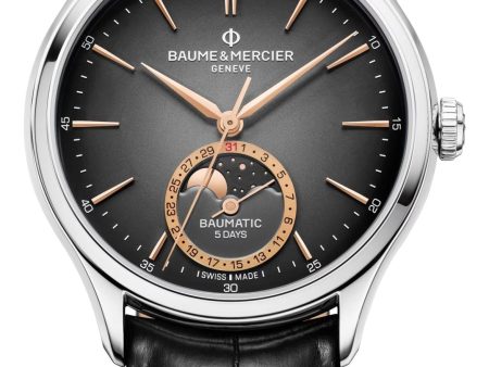 Baume & Mercier Clifton Baumatic Automatic Stainless Steel Gray Dial Black Leather Strap Moonphase Date Mens Watch M0A10758 Fashion