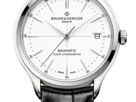 Baume & Mercier Clifton Baumatic COSC Automatic White Dial Black Leather Strap Date Mens Watch M0A10518 Online Hot Sale