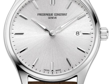 Frederique Constant Classics Stainless Steel Silver Dial Brown Leather Strap Date Quartz Mens Watch FC-220SS5B6 Online now