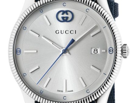 Gucci G-Timeless Stainless Steel Silver Dial Blue Red Nylon Strap Date Quartz Unisex Watch YA1264237 Fashion