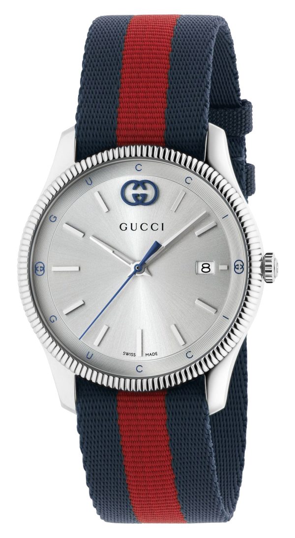 Gucci G-Timeless Stainless Steel Silver Dial Blue Red Nylon Strap Date Quartz Unisex Watch YA1264237 Fashion