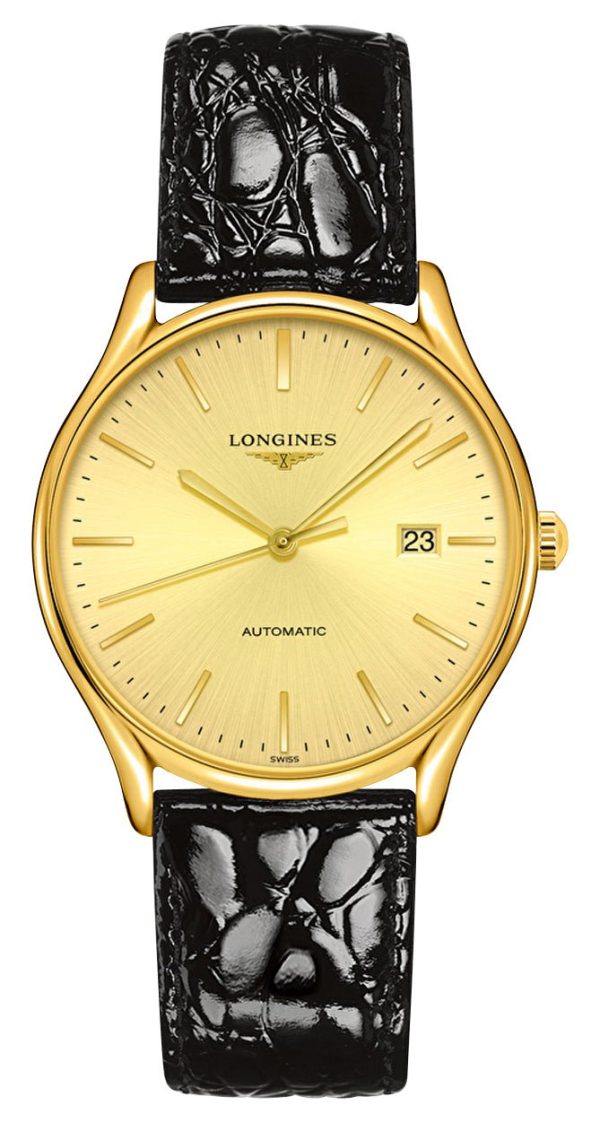 Longines Lyre Automatic Yellow Gold PVD Gold Dial Black Leather Strap Date Mens Watch L4.960.2.32.2 Online Sale