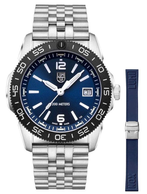 Luminox Pacific Diver Ripple Stainless Steel Blue Dial Interchangeable Blue Rubber Strap Date Divers Quartz Mens Watch XS.3123M.SET.1 For Sale