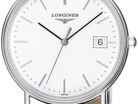 Longines Presence Stainless Steel White Dial Black Leather Strap Date Quartz Unisex Watch L4.720.4.12.2 For Sale