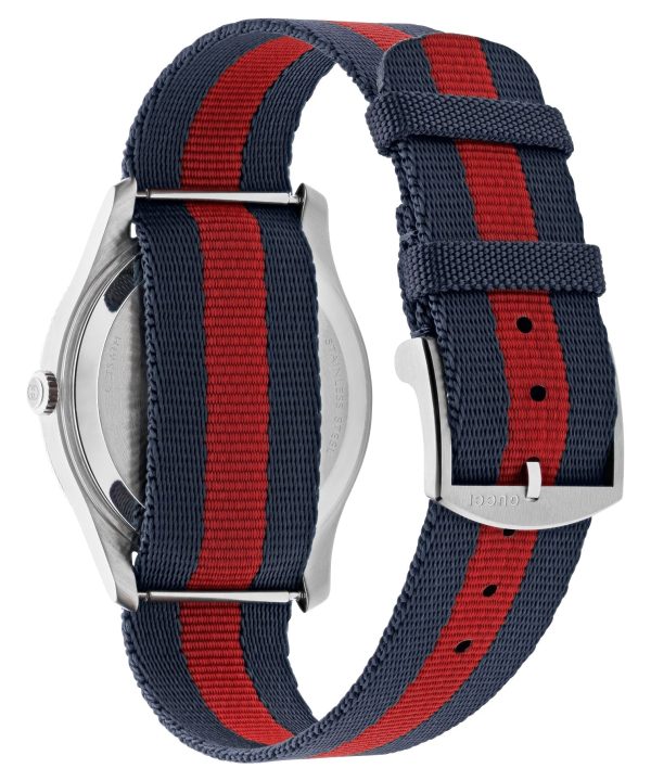 Gucci G-Timeless Stainless Steel Silver Dial Blue Red Nylon Strap Date Quartz Unisex Watch YA1264237 Fashion