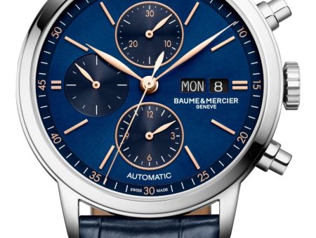 Baume & Mercier Classima Automatic Chronograph Stainless Steel Blue Dial Blue Leather Strap Day Date Mens Watch M0A10784 Online now