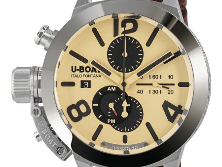 U-Boat Classico Tungsteno CAS2 Automatic Chronograph Stainless Steel Beige Dial Brown Leather Strap Date Mens Watch 9568 For Sale