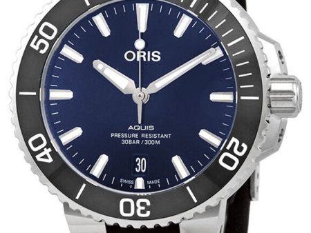 Oris Aquis Date Automatic Stainless Steel Blue Dial Brown Leather Strap Divers Mens Watch 01 733 7732 4135-07 5 21 10FC For Discount