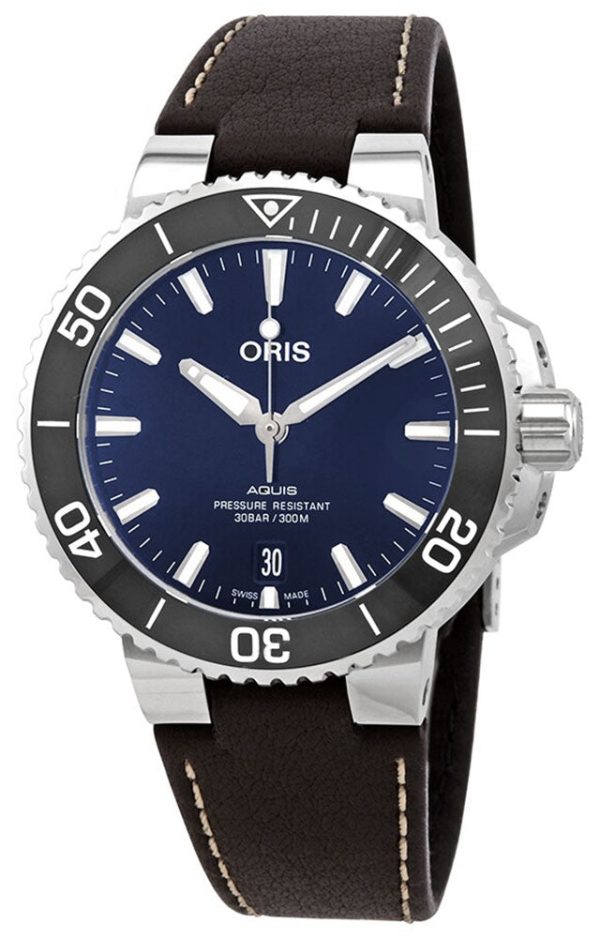 Oris Aquis Date Automatic Stainless Steel Blue Dial Brown Leather Strap Divers Mens Watch 01 733 7732 4135-07 5 21 10FC For Discount