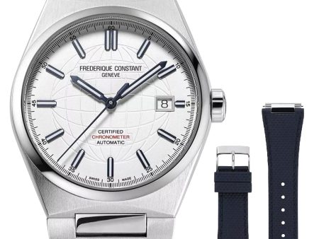 Frederique Constant Highlife COSC Automatic Stainless Steel White Dial Interchangeable Blue Rubber Strap Date Mens Watch FC-303S3NH26B Discount