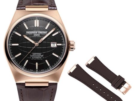 Frederique Constant Highlife COSC Automatic Rose Gold Plated Steel Black Dial Brown Leather Strap Interchangeable Brown Rubber Strap Date Mens Watch FC-303B4NH4 Online