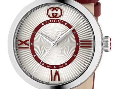 Gucci Model 2000 Stainless Steel Silver Dial Red Leather Strap Quartz Womens Watch YA167508 Sale