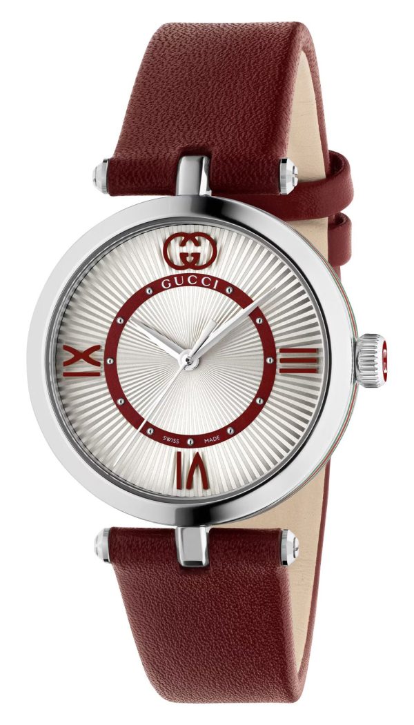 Gucci Model 2000 Stainless Steel Silver Dial Red Leather Strap Quartz Womens Watch YA167508 Sale