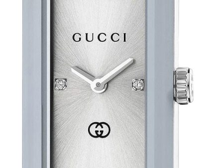 Gucci G-Frame Stainless Steel Silver-Tone Dial Black Leather Strap Diamonds Rectangle Quartz Womens Watch YA127515 Discount