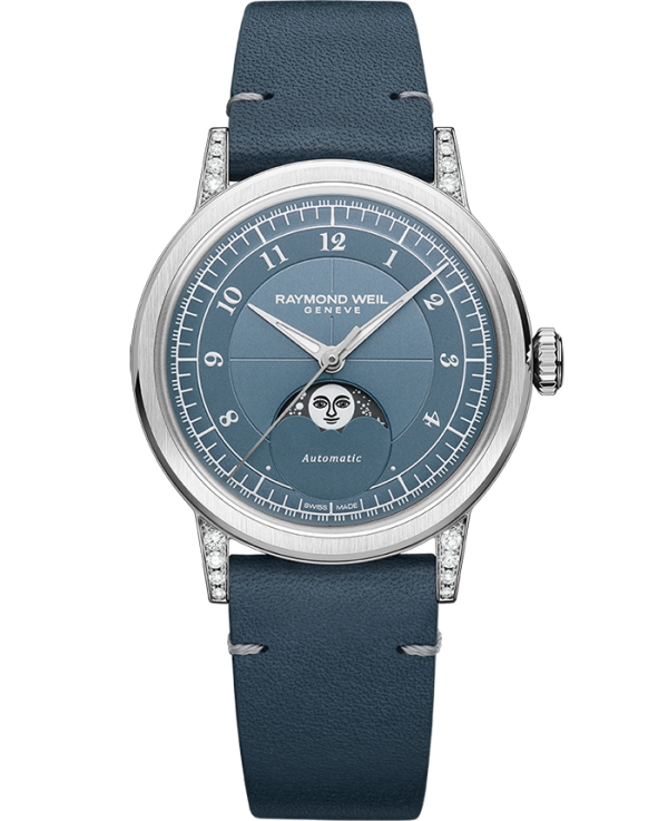 Raymond Weil Millesime Ladies Automatic Moonphase Denim Blue Dial Leather Strap 2145-SCS-05511 Online Hot Sale