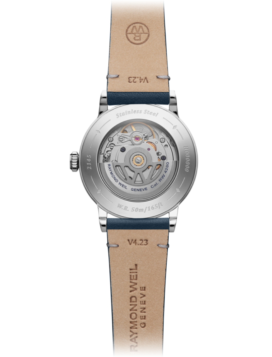 Raymond Weil Millesime Ladies Automatic Moonphase Denim Blue Dial Leather Strap 2145-SCS-05511 Online Hot Sale