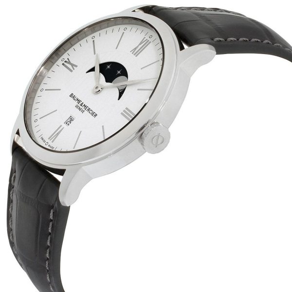 Baume & Mercier Classima White Dial Black Leather Strap Moonphase Date Quartz Mens Watch MOA10219 Fashion