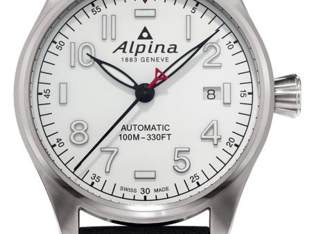 Alpina Startimer Pilot Automatic Stainless Steel Black Leather Strap White Dial Date Mens Watch AL-525S3S6 Hot on Sale