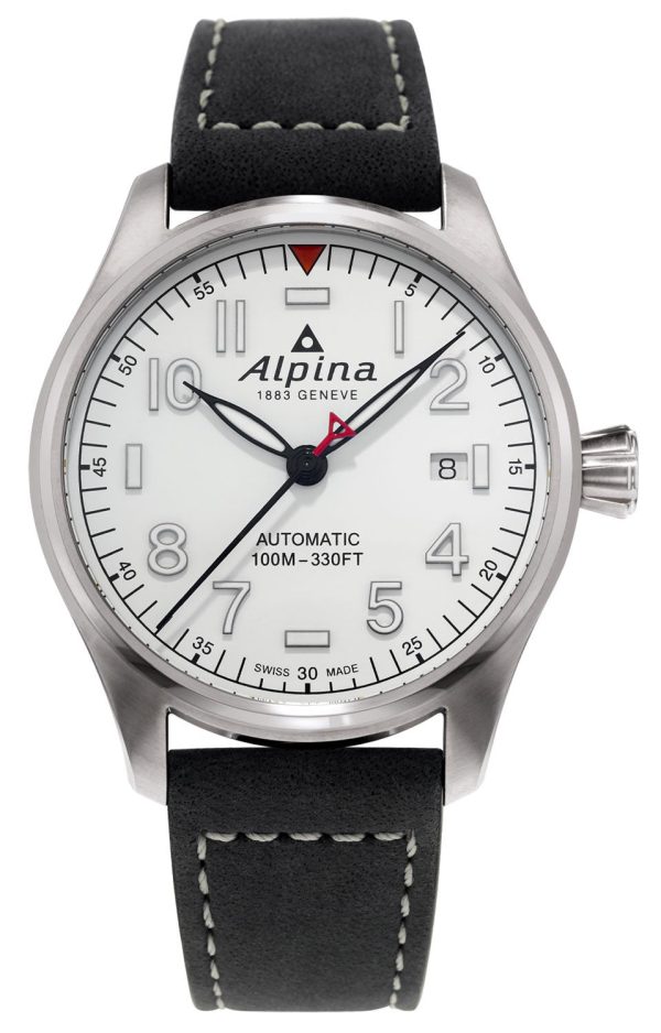 Alpina Startimer Pilot Automatic Stainless Steel Black Leather Strap White Dial Date Mens Watch AL-525S3S6 Hot on Sale