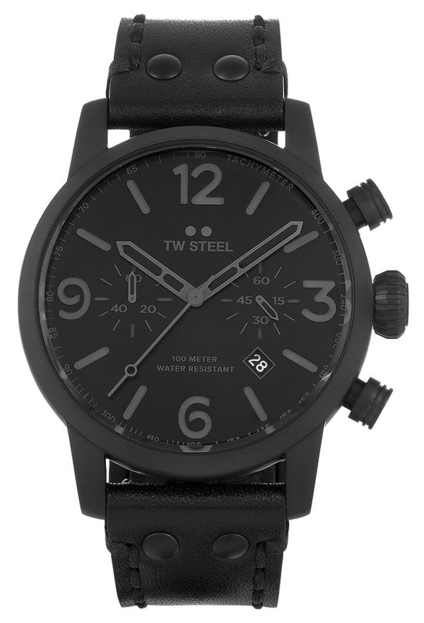 TW Steel Maverick Chronograph Black PVD Black Leather Black Dial Date Quartz Mens Watch MS114 Discount