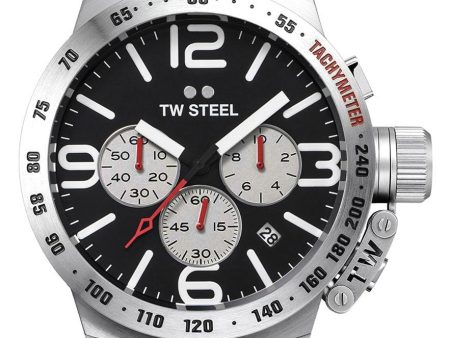 TW Steel Canteen Chronograph Stainless Steel Black Leather Strap Black Dial Date Quartz Mens Watch CS7 Cheap