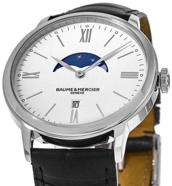 Baume & Mercier Classima White Dial Black Leather Strap Moonphase Date Quartz Mens Watch MOA10219 Fashion