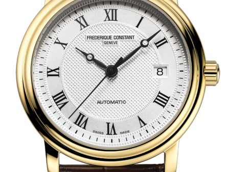 Frederique Constant Classics Automatic Gold Plated Stainless Steel Silver Dial Date Brown Leather Strap Mens Watch FC-303MC4P5 Online now