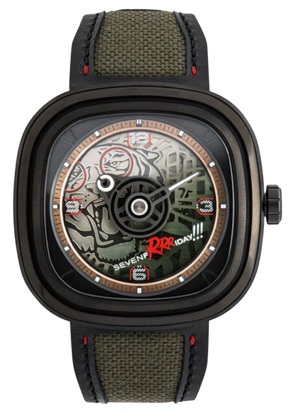 Limited Edition SEVENFRIDAY T-Series Green Tiger Automatic Black PVD Green Skeleton Dial Black Green Leather Strap Mens Watch T3 04 For Sale