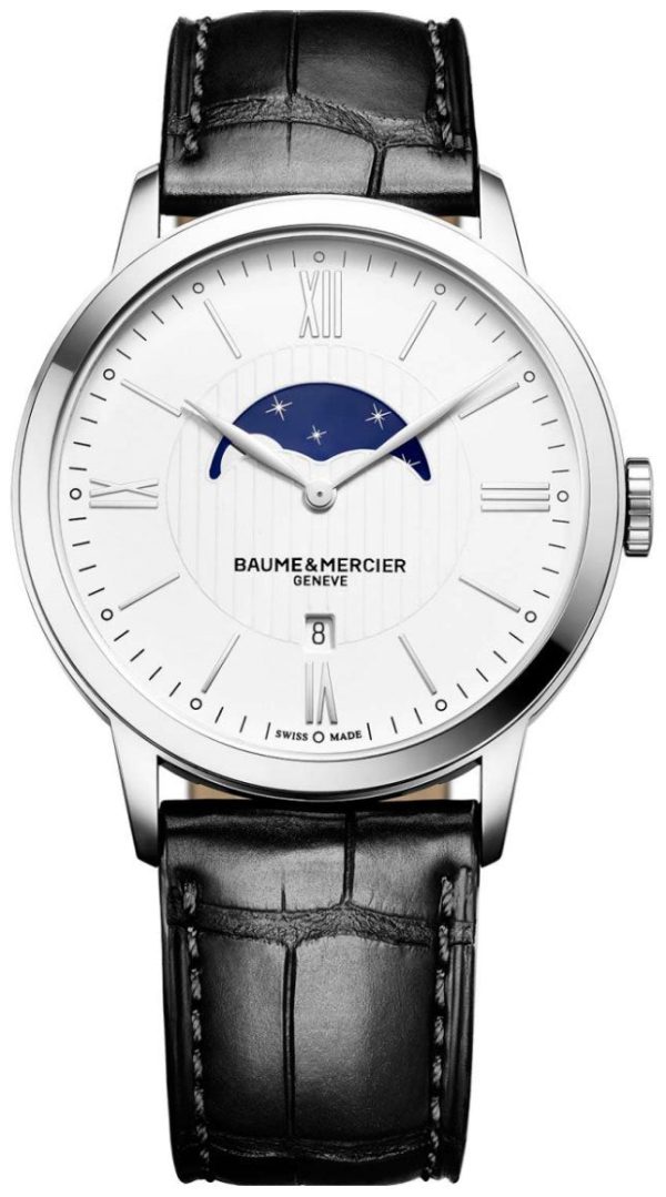 Baume & Mercier Classima White Dial Black Leather Strap Moonphase Date Quartz Mens Watch MOA10219 Fashion