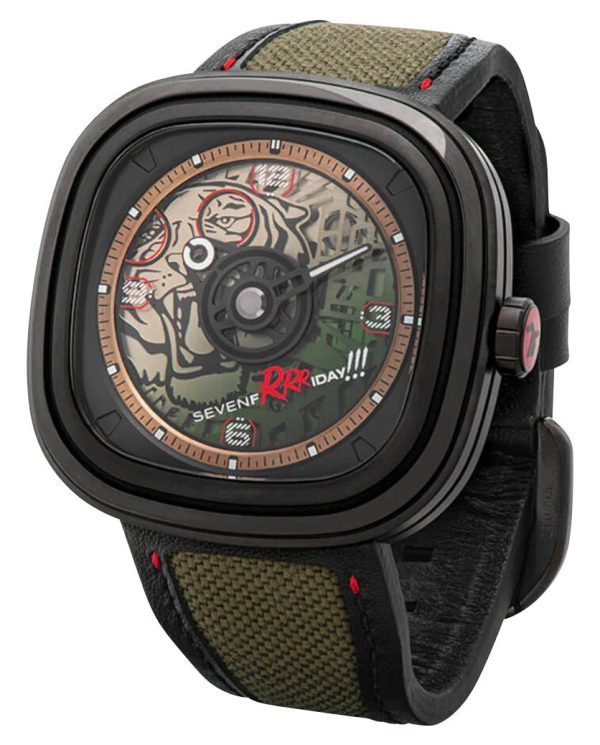 Limited Edition SEVENFRIDAY T-Series Green Tiger Automatic Black PVD Green Skeleton Dial Black Green Leather Strap Mens Watch T3 04 For Sale