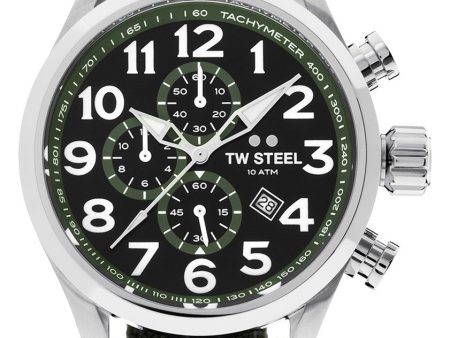 TW Steel Volante Chronograph Stainless Steel Green Textile Strap Black Dial Quartz Date Mens Watch VS23 Sale