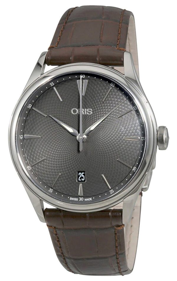 Oris Artelier Date Automatic Stainless Steel Gray Dial Brown Leather Strap Mens Watch 733 7721 4053-07 5 21 65FC Cheap