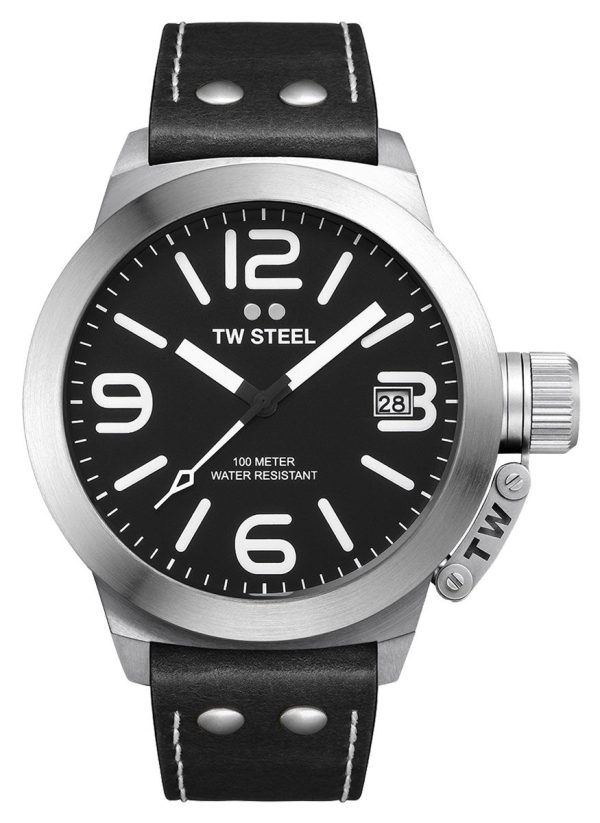 TW Steel Canteen Stainless Steel Black Leather Strap Black Dial Date Quartz Mens Watch CS1 Online Hot Sale