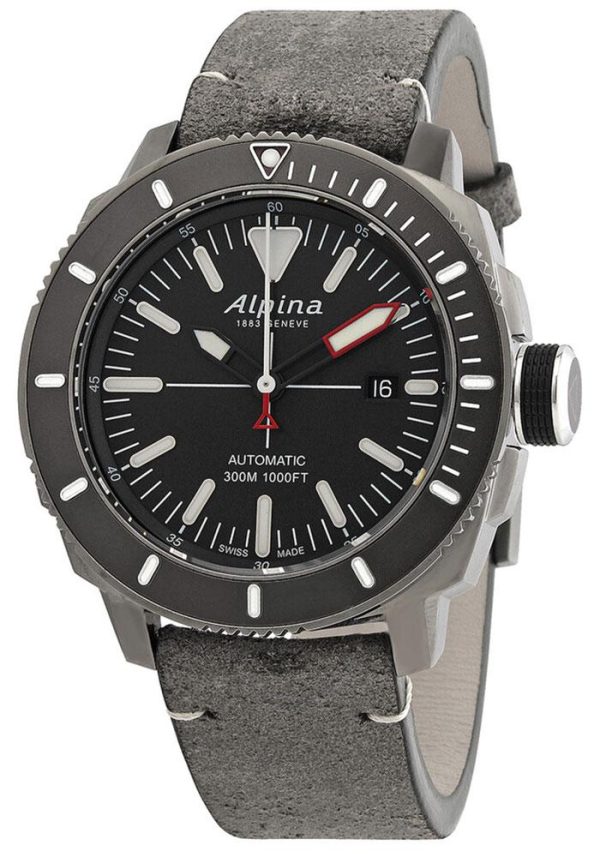 Alpina Seastrong Diver 300 Automatic Titanium PVD Case Grey Leather Strap Grey Dial Interchangeable Black Rubber Strap Date Mens Watch AL-525LGGW4TV6 Discount