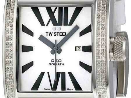 TW Steel CEO Goliath Stainless Steel White Leather Diamonds Mother of Pearl Quartz Unisex Watch CE3015 Online Sale