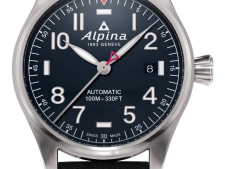 Alpina Startimer Pilot Automatic Stainless Steel Black Leather Strap Blue Dial Date Mens Watch AL-525NN3S6 on Sale