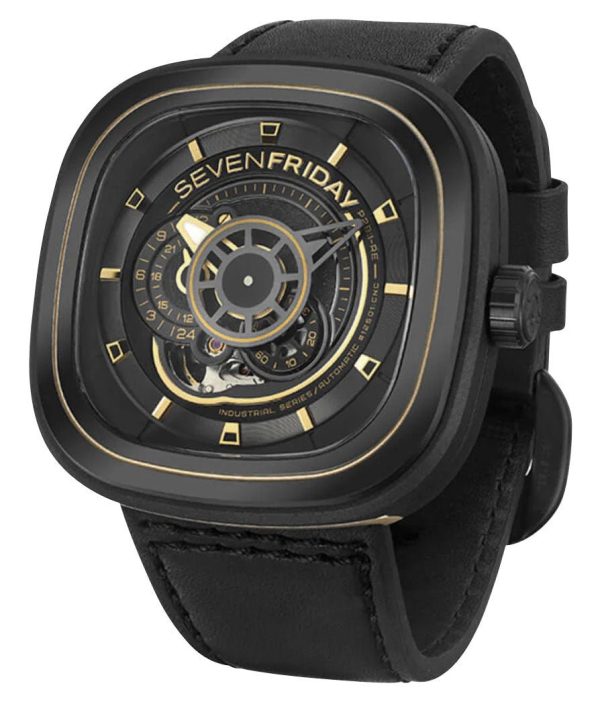 SEVENFRIDAY P-Series Automatic Gunmetal PVD Black Dial Black Leather Strap Mens Watch P2B 02 For Cheap