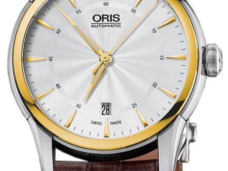 Oris Artelier Automatic Two-Tone Stainless Steel Case Brown Leather Strap Silver-Tone Dial Date Mens Watch 733 7670 4351-LS Cheap